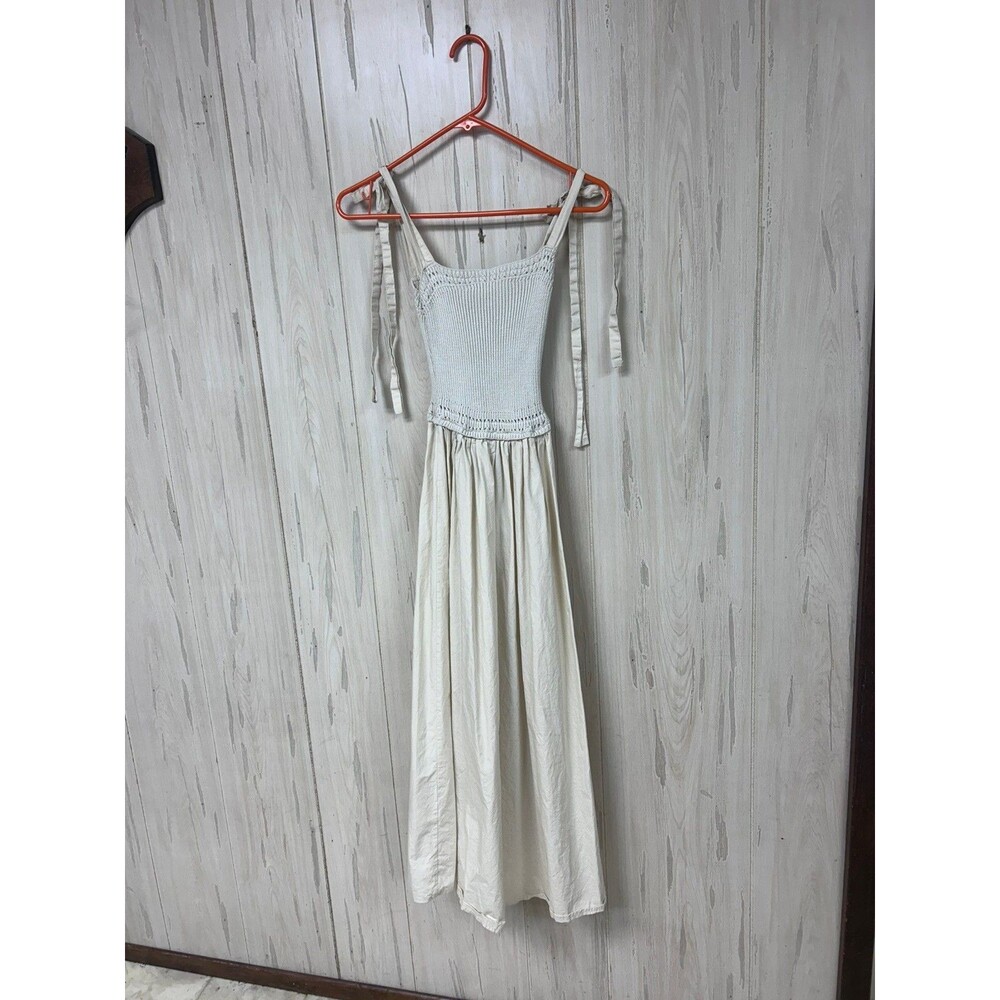 Tuckernuck Dress XS Ivory Mixed Media Knit Top Midi Crochet Bodice Tie Strap